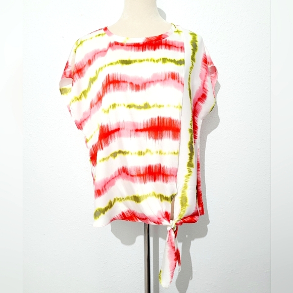 DKNY Women's Multi Colors Sleeveless Top Blouse Size Medium Tie Waist - Picture 1 of 10